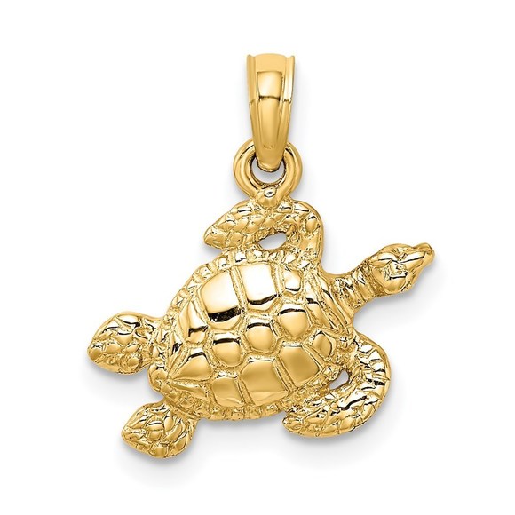 14k Yellow Gold Textured Sea Turtle Necklace Charm Pendant